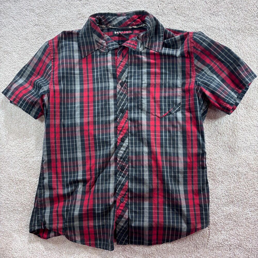 Tony Hawk Red and Black plaid short-sleeve button-up, Size M